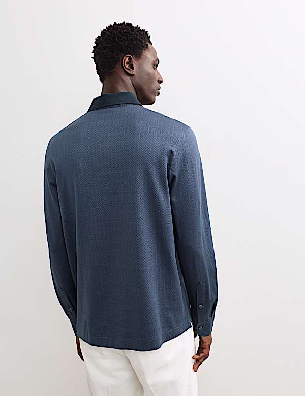 Pure Cotton Textured Long Sleeve Polo Shirt - GR