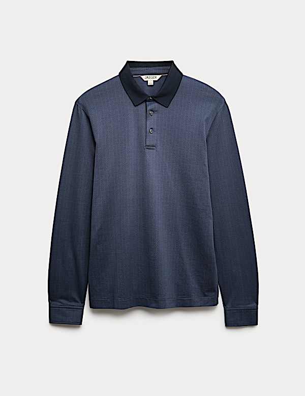 Pure Cotton Textured Long Sleeve Polo Shirt - GR