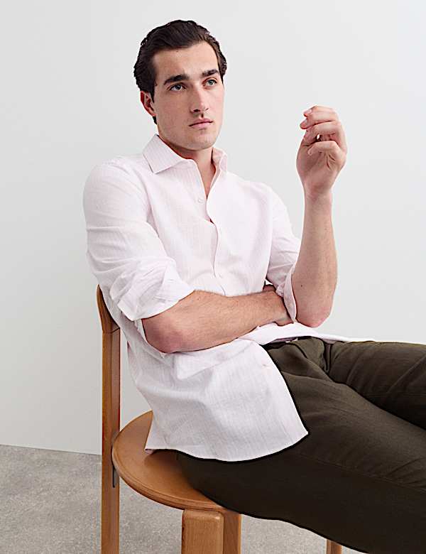 Chemise de luxe coupe standard en coton lin &agrave; rayures - CH