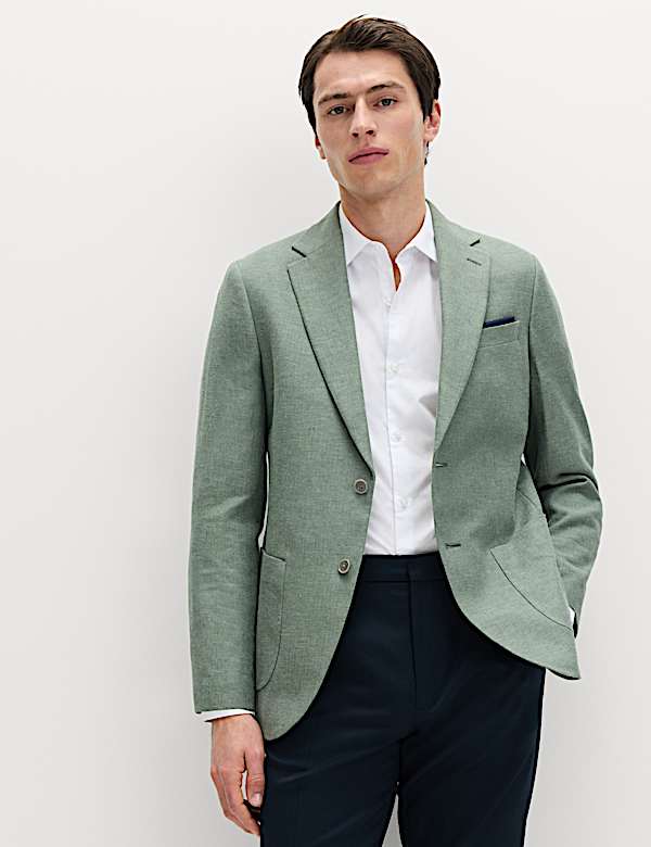Tailored Fit Linen Cotton Blend Herringbone Blazer - BN