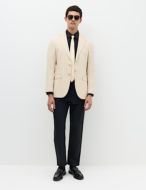 Tailored Fit Linen Cotton Blend Herringbone Blazer - GR