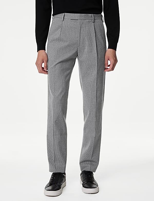 Tailored Fit Puppytooth Single Pleat Trousers - TW