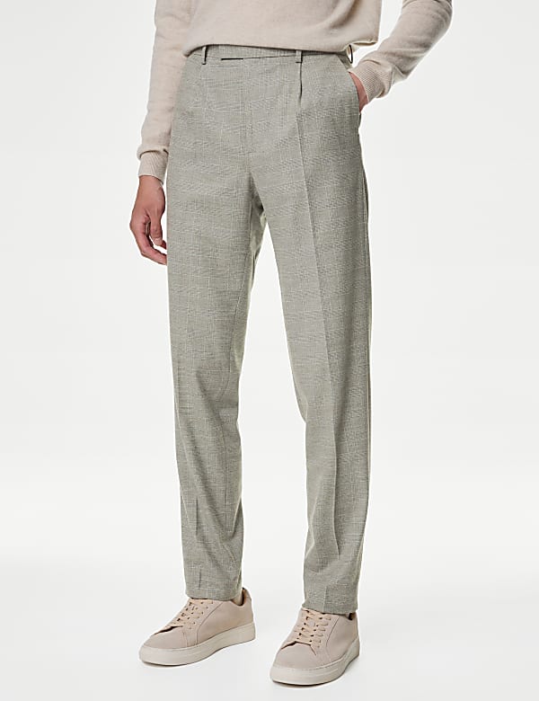 Tailored Fit Checked Single Pleat Trousers - CH