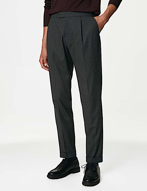Single Pleat Brushed Stretch Trouser - ID