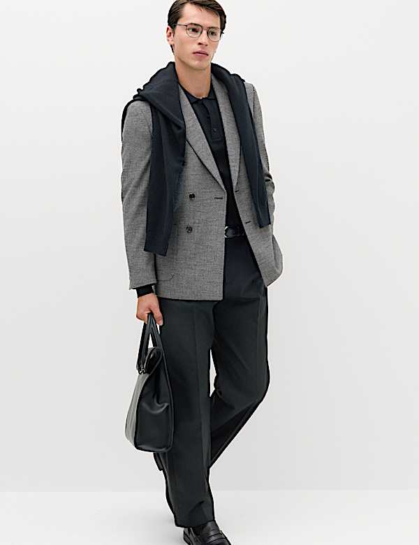 Regular Fit Textured Stretch Double Breasted Suit Jacket - AL