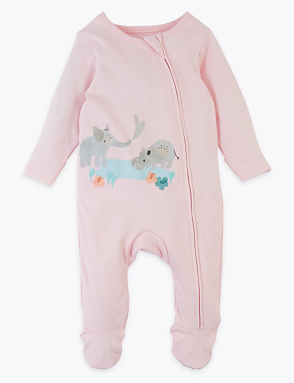 2 Pack Pure Cotton Elephant Sleepsuits (7 lbs - 12 Mths)