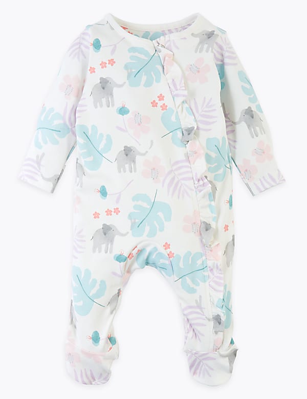 2 Pack Pure Cotton Elephant Sleepsuits (7 lbs - 12 Mths)