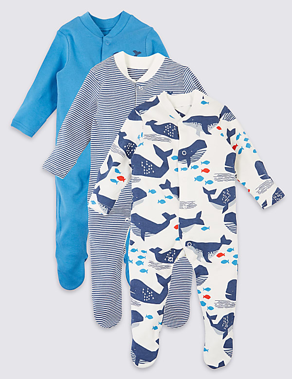 3 Pack Organic Pure Cotton Whale Sleepsuits