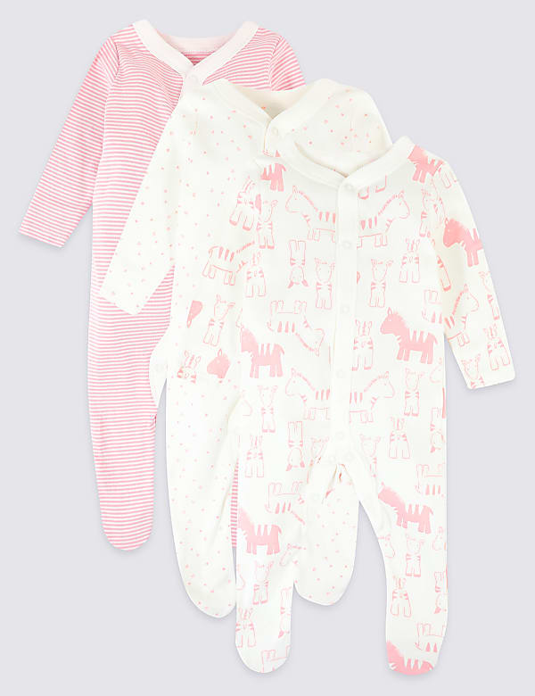 3 Pack Organic Pure Cotton Animal Print Sleepsuits