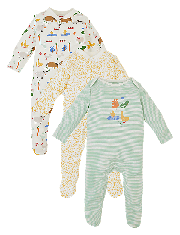 3 Pack Cotton Farmyard Sleepsuits