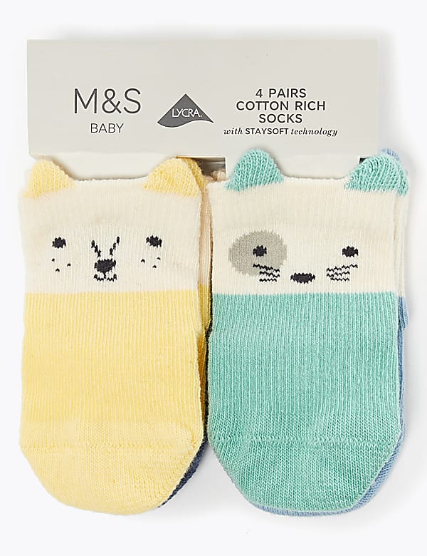 4pk of Cotton Rich Animal Socks (0-24 Mths)