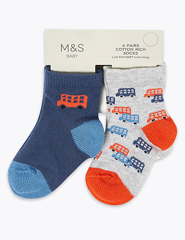 4pk Cotton Rich Transport Baby Socks (0-24 Mths)