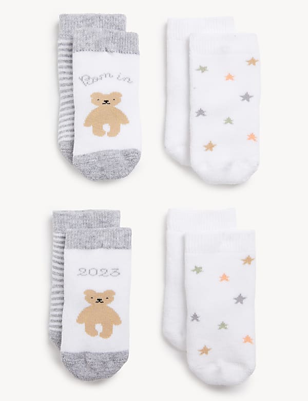 4er-Pack Frottee-Babysocken „Born in 2023“ (3,2 kg – 1 J.) - AT