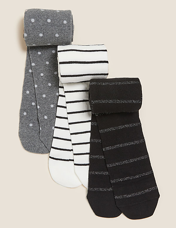 3pk Cotton Monochrome Tights (2-14 Yrs)