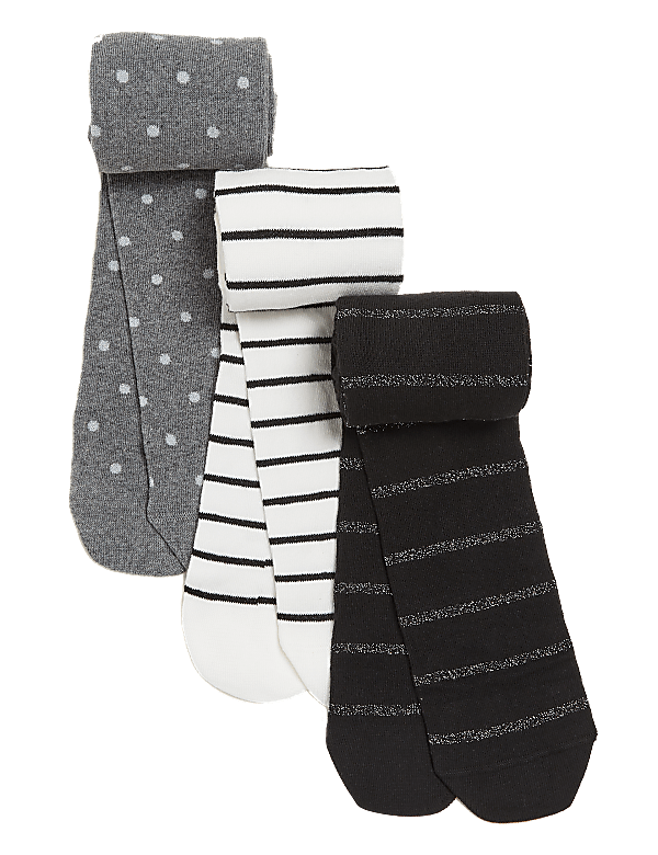 3pk Cotton Monochrome Tights (2-14 Yrs)