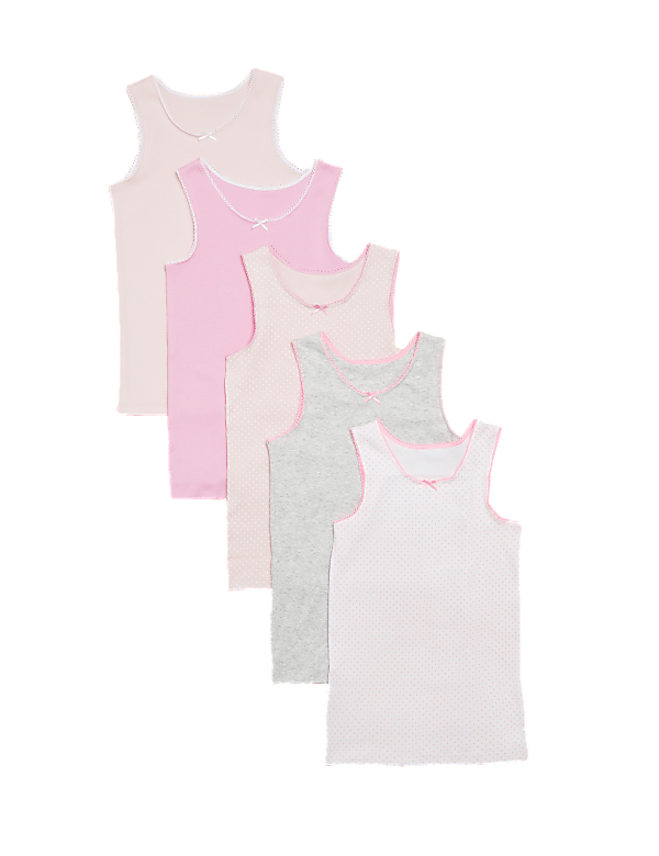 5pk Pure Cotton Spotted & Plain Vests (2-14 Yrs)