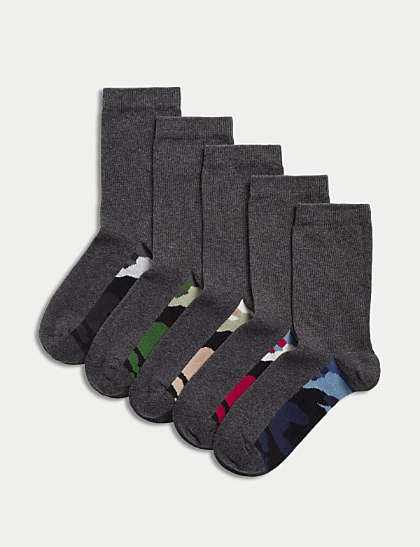 5pk Cotton Rich Camo Sole School Socks (6 Small - 7 Large) - JE