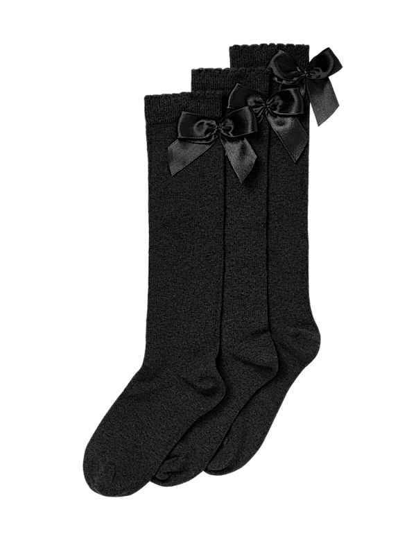 3p Cotton Rich Picot Knee High Bow Socks (6-8&frac12; Small - 4-7 Large)