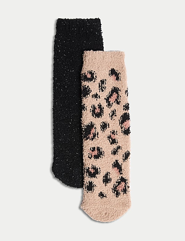 2pk Leopard & Glitter Cosy Slipper Socks - ES