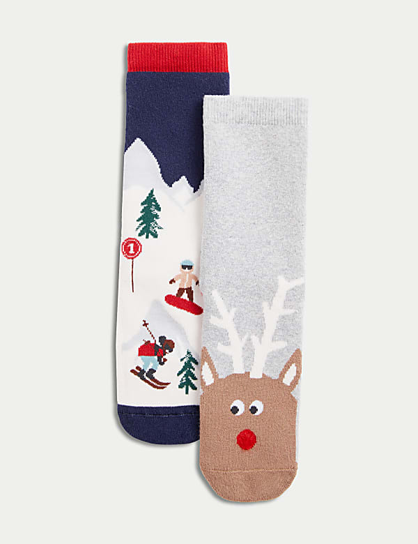 2pk Christmas Terry Ski Slipper Socks (6 Small - 7 Large) - JE