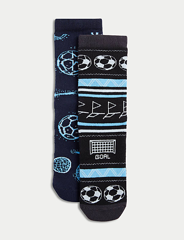 2er-Pack Frottee-Hausschuhsocken mit hohem Baumwollanteil und Fußball-Motiv (22,5–40,5) - AT