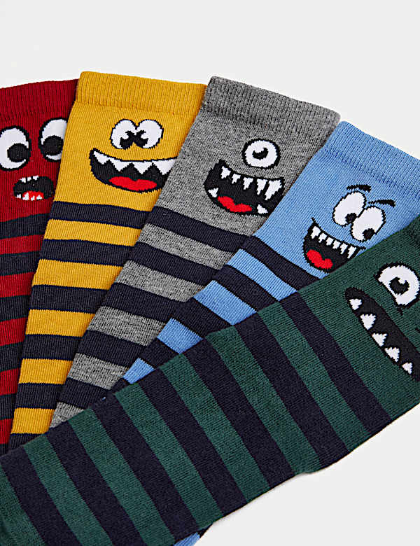 5pk Cotton Rich Monster Stripe Socks (6 Small - 7 Large)