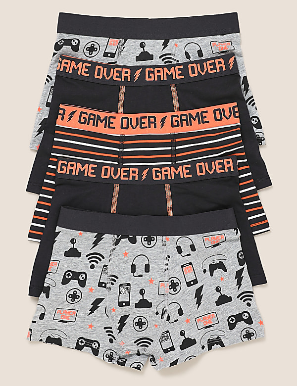 5pk Cotton Rich with Stretch Game Print Trunks (2-16 Yrs)