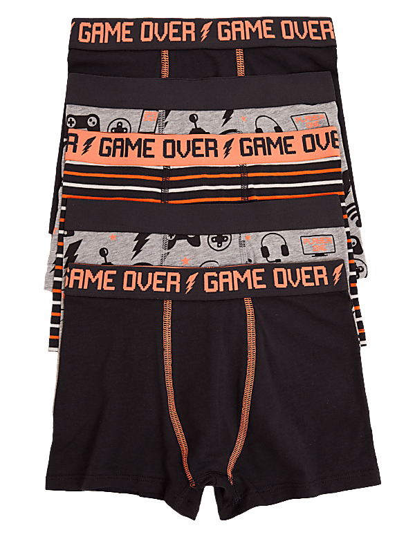 5pk Cotton Rich with Stretch Game Print Trunks (2-16 Yrs)