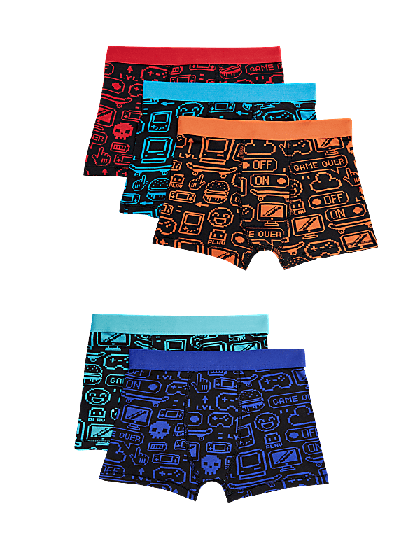 5pk Cotton with Stretch Gaming Trunks (5-16 Yrs)