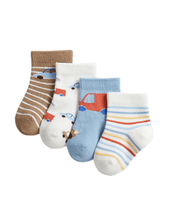 4pk Cotton Rich Transport Baby Socks (0-3 Yrs)