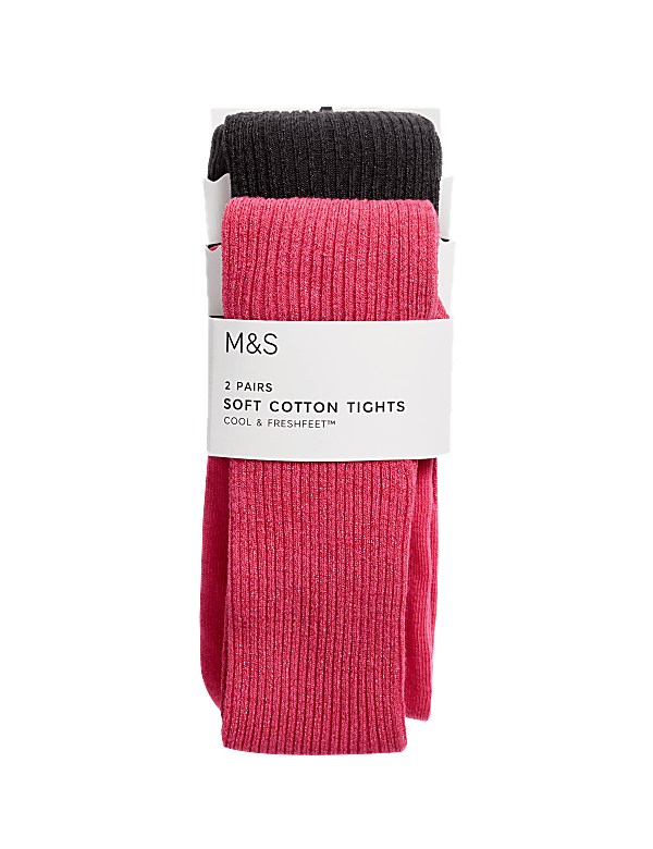 2pk Cotton Rich Ribbed Glitter Tights (2-14 Yrs)