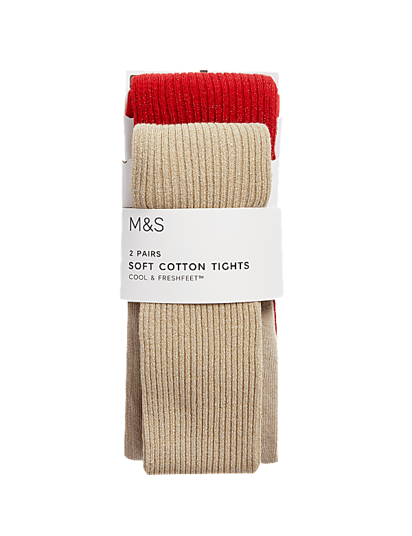 2pk Cotton Rich Ribbed Glitter Tights (2-14 Yrs)