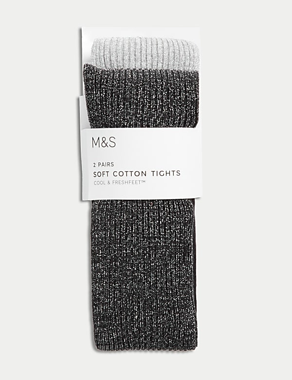 2pk Cotton Rich Ribbed Glitter Tights (2-14 Yrs)