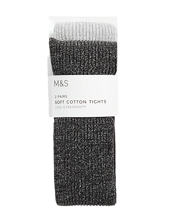 2pk Cotton Rich Ribbed Glitter Tights (2-14 Yrs)