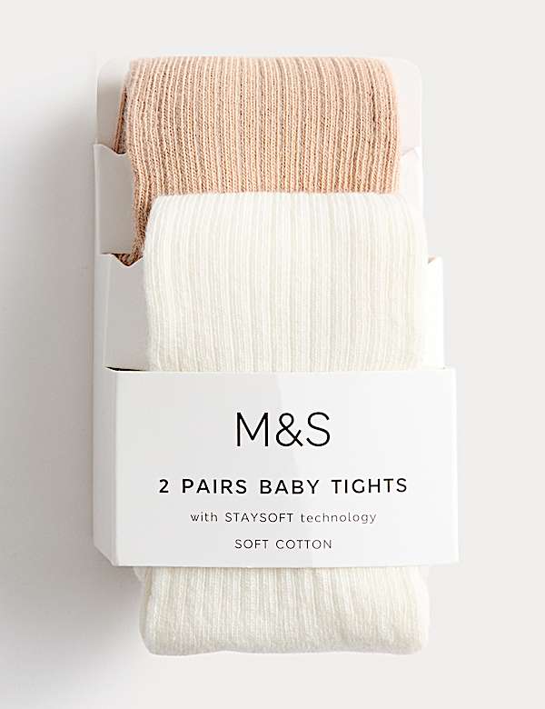 2pk Cotton Rich Ribbed Tights (0-3 Yrs) - LU