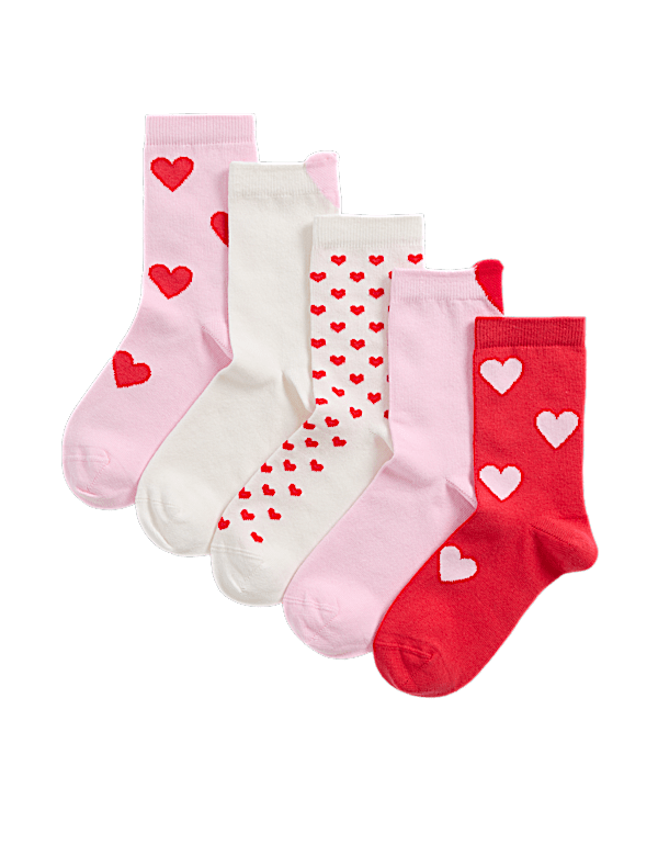 5pk Cotton Rich Ankle Ribbed Heart Socks (6 Small-7 Large)