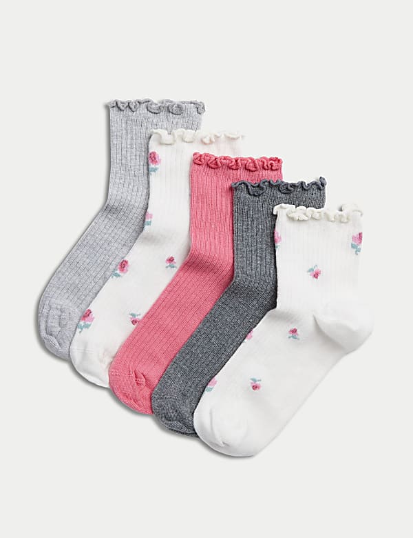 5pk Cotton Rich Floral Ribbed Ankle Socks (6 Small - 7 Large) - AL