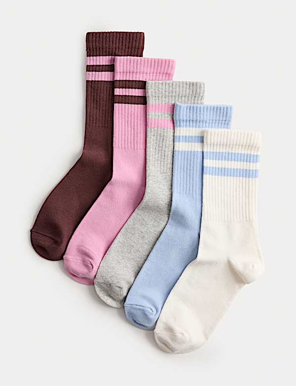 5 Pack Cotton Rich Ribbed Striped Socks (6 Small - 7 Large) | MULTI ...