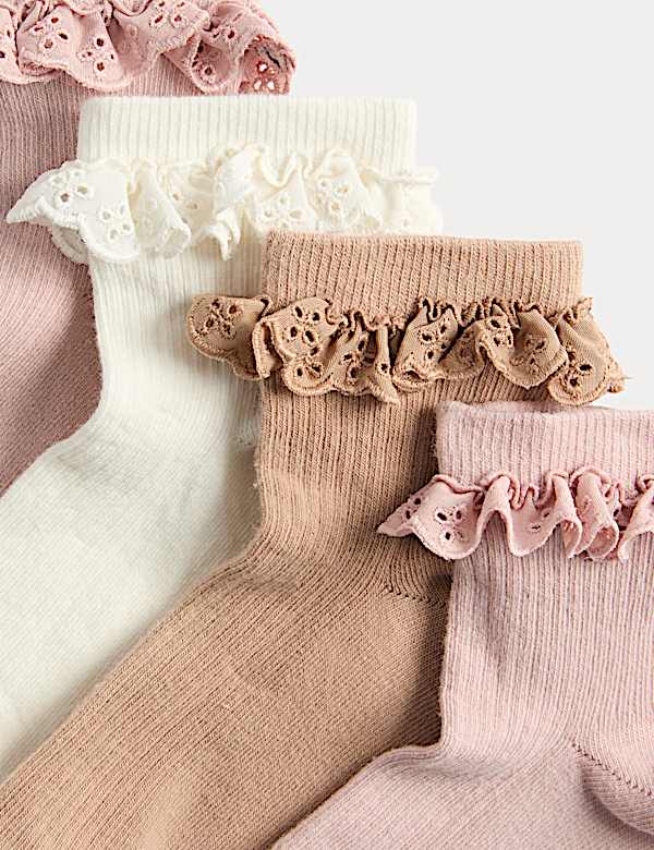 4 Pack Cotton Rich Broderie Frill Socks (6 Small-7 Large) - TW