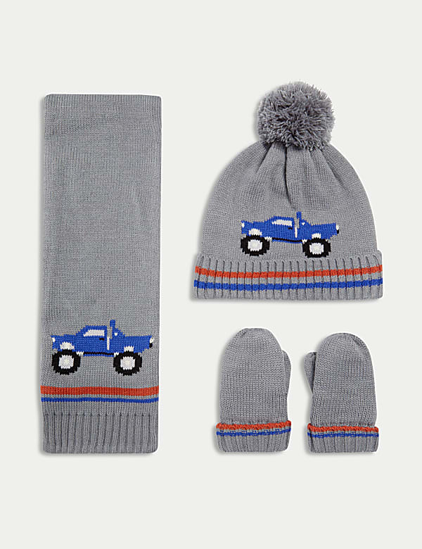 Kids' Truck Hat, Scarf and Mitten Set (1-6 Yrs) - GR