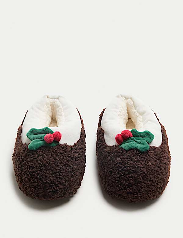 נעלי בית דמויות פרווה בדוגמת פודינג חג המולד לילדות (9 סמול - 7 לארג') - IL