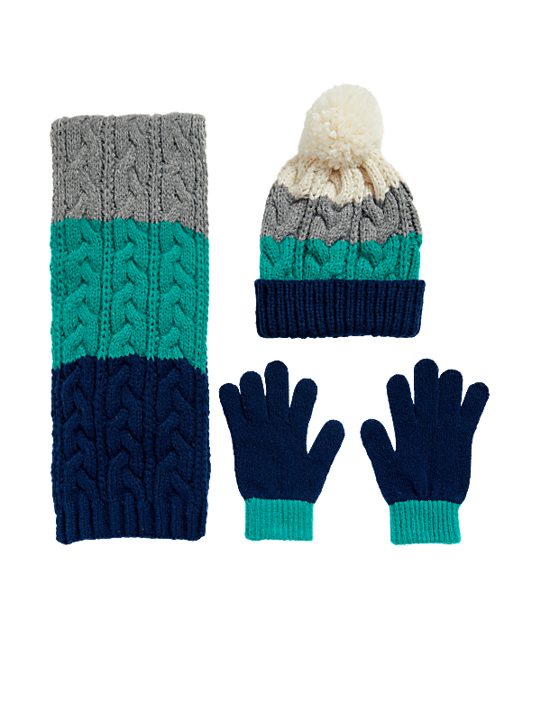 Kids' Colour Block Hat, Scarf and Glove Set (6-13 Yrs)