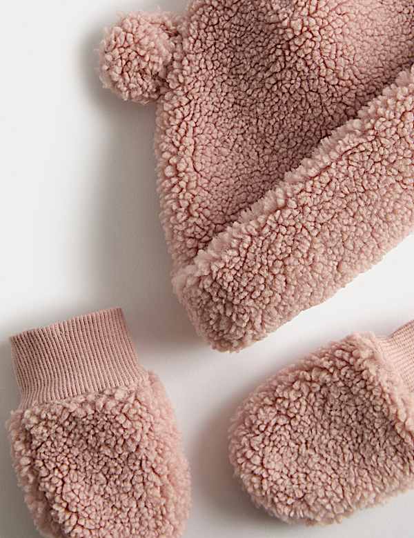 B&auml;ren-M&uuml;tze und -F&auml;ustlinge aus Borg im Set f&uuml;r Babys (0&ndash;36 M.) - AT