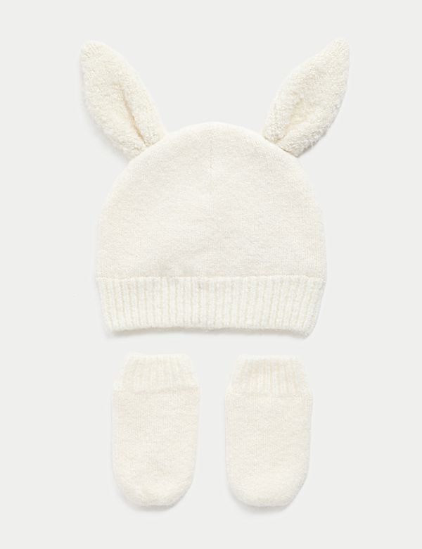 Ensemble bonnet et moufles bébé à motif lapin (jusqu’au 3 ans) - BE