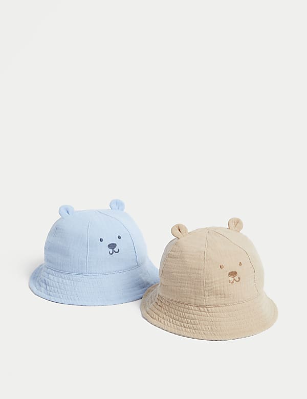 2pk Pure Cotton Bear Sun Hats (0-18 Mths) - JE