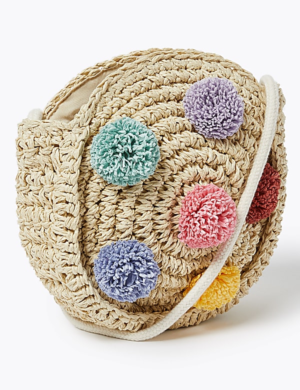 Kids' Straw Pom Pom Cross Body Bag