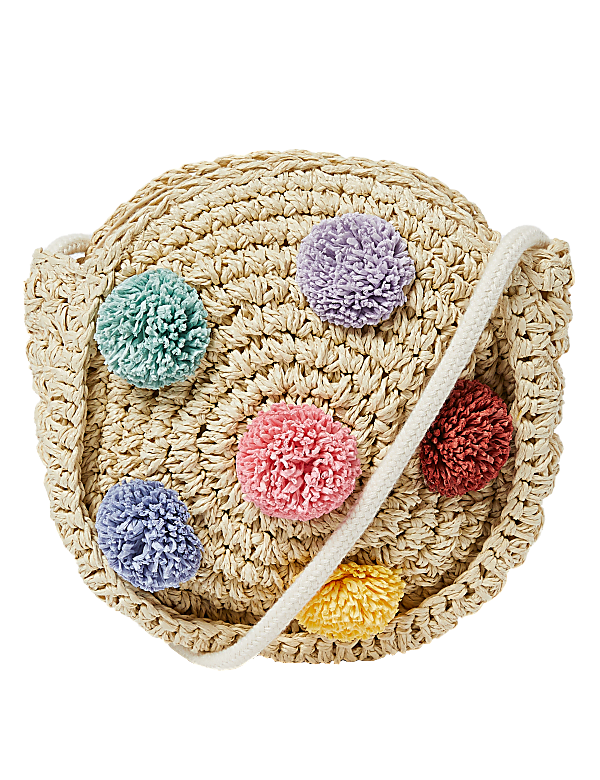 Kids' Straw Pom Pom Cross Body Bag