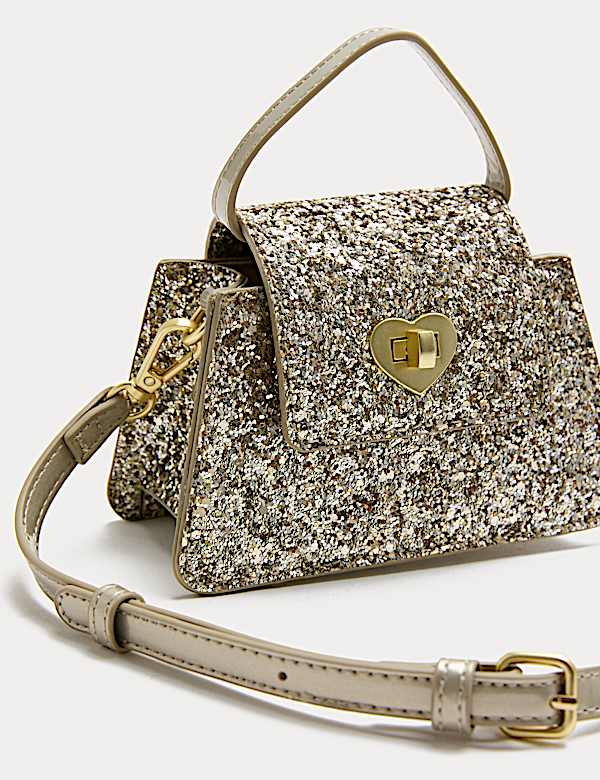 Bolso infantil con asa superior metalizada con brillos - ES