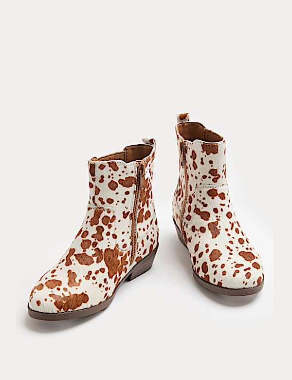 Kids' Leather Cow Print Western Ankle Boots (4 Small - 6 Large) - SK