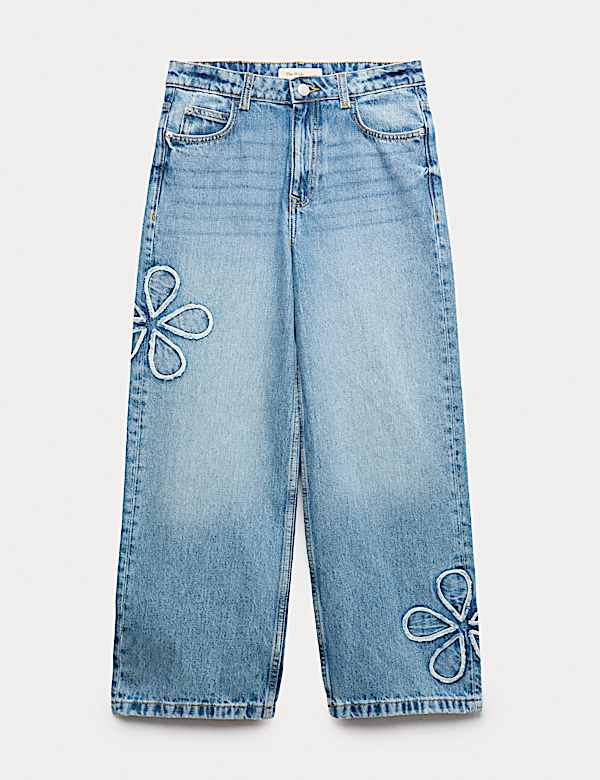 Floral Embroidered Wide Leg Denim Jeans (6-16 Yrs) - CH